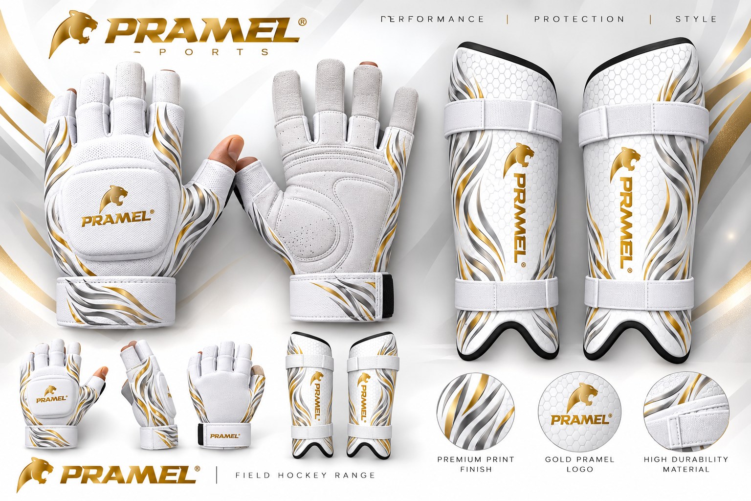 The full Pramel gloves and shin guards design