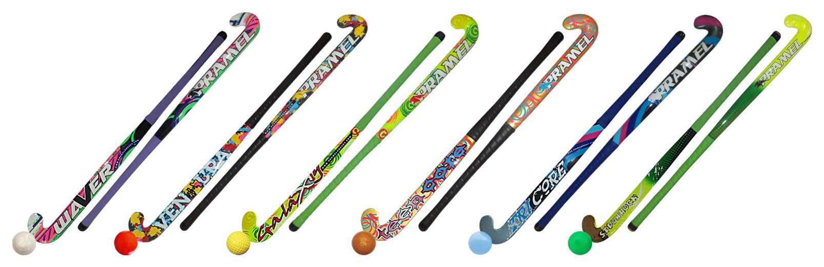 Six Pramel hockey sticks in bright colourways, each with a matching ball